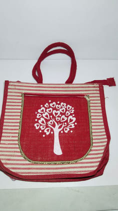 Red and White Jute Tote Bag with Tree of Hearts Design Red and White Jute Tote Bag with Tree of Hearts Design
