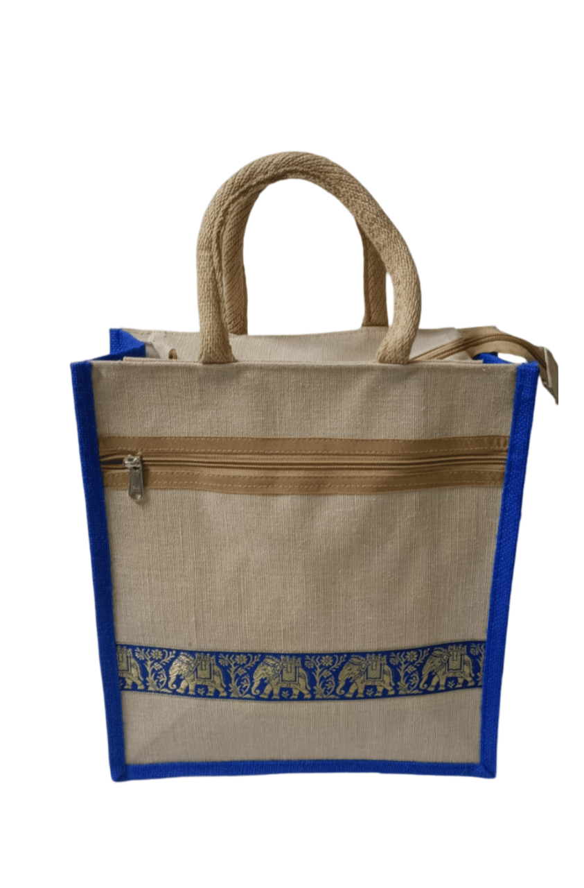 Blue colour jute bag with elephant design