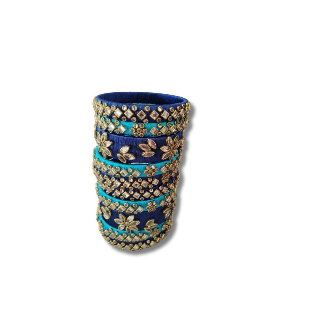 Set of 4 Blue Silk Thread Bangles with Stone and Pearl Embellishment