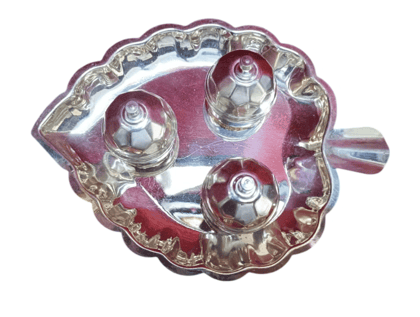 Silver Plated Leaf Shape 3 Compartment Kumkum Holder for Puja