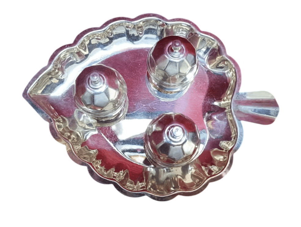 Silver Plated Leaf Shape 3 Compartment Kumkum Holder for Puja