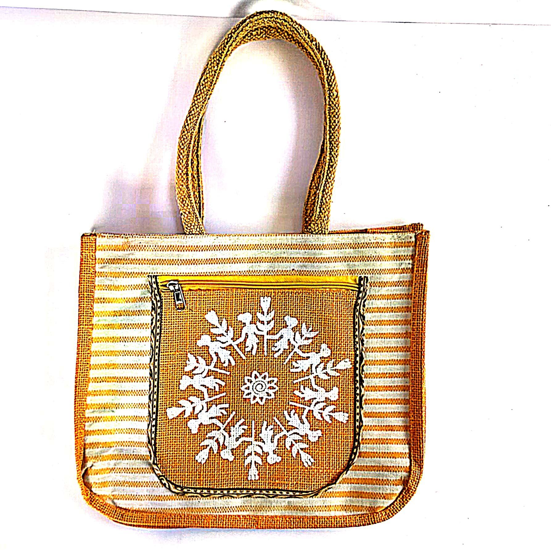 Striped Jute Tote Bag with Embroidered Flower Design