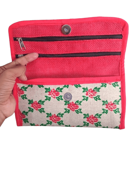 Handmade Jute Clutch with Button Closure and Floral Print