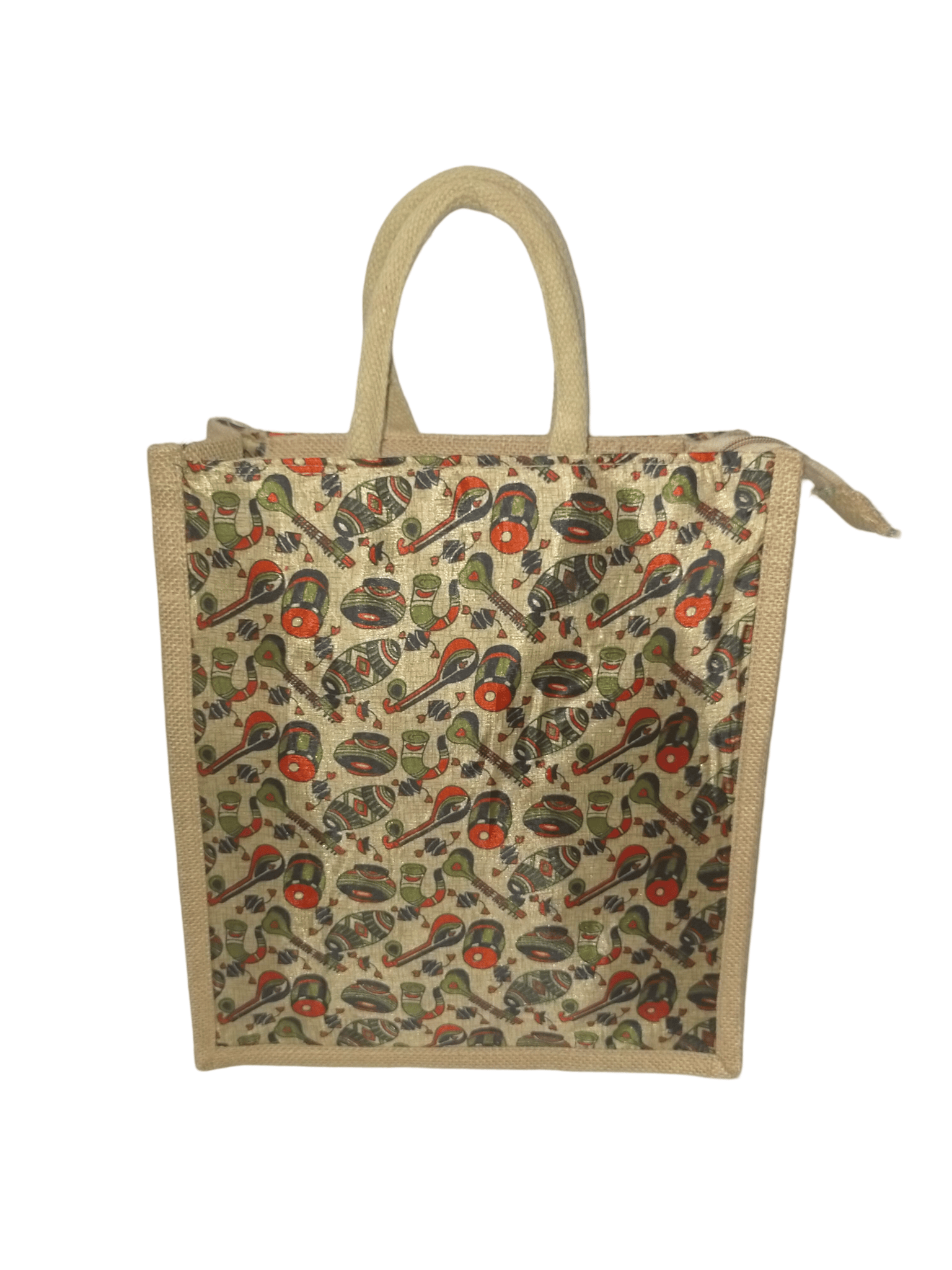 Jute Lunch Bag with Colorful Indian Musical Instruments Design (Large)