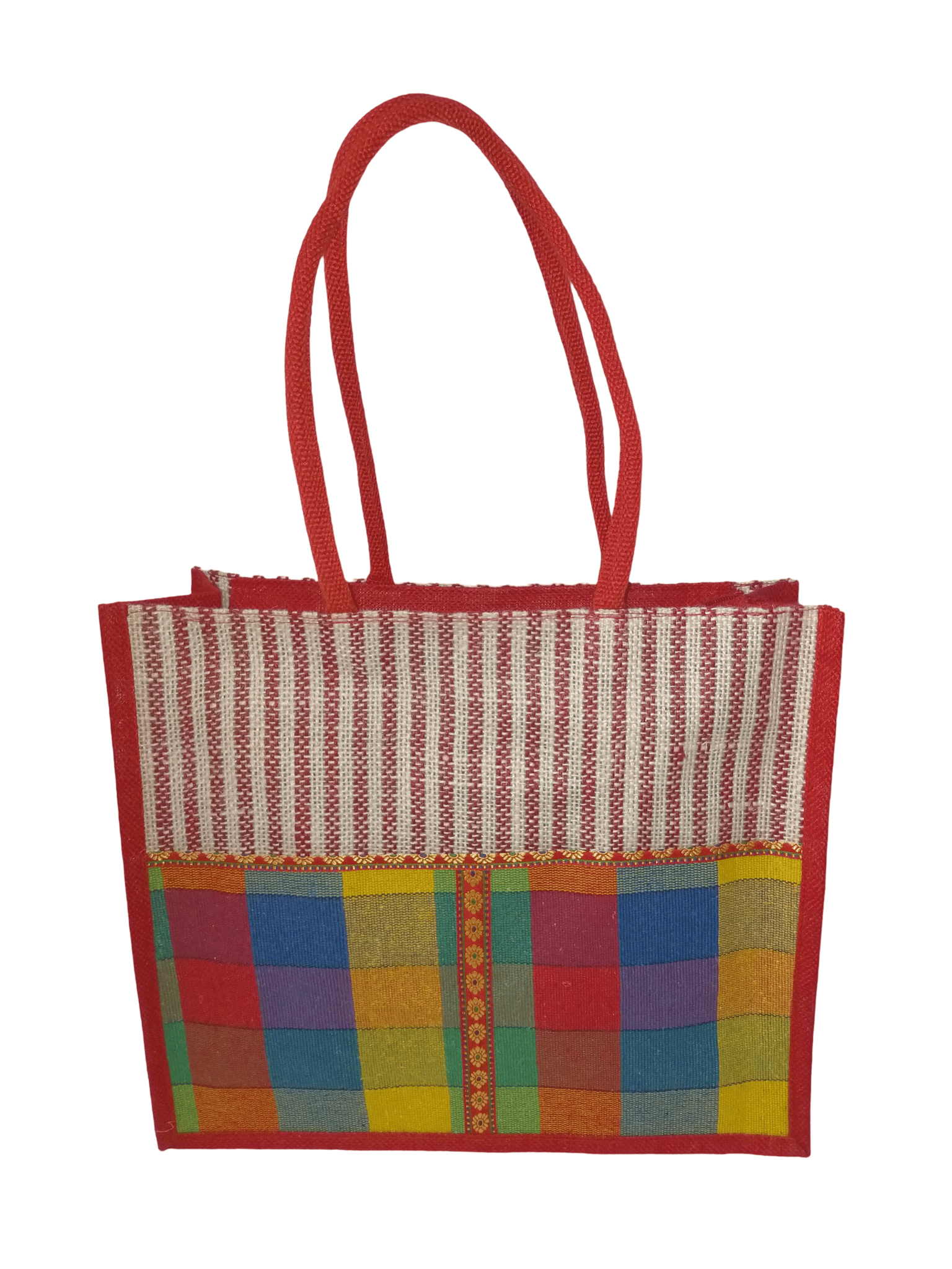 Red and Multicolor Jute Tote Bag with Striped Pattern and Colorful Patchwork Front Pocket