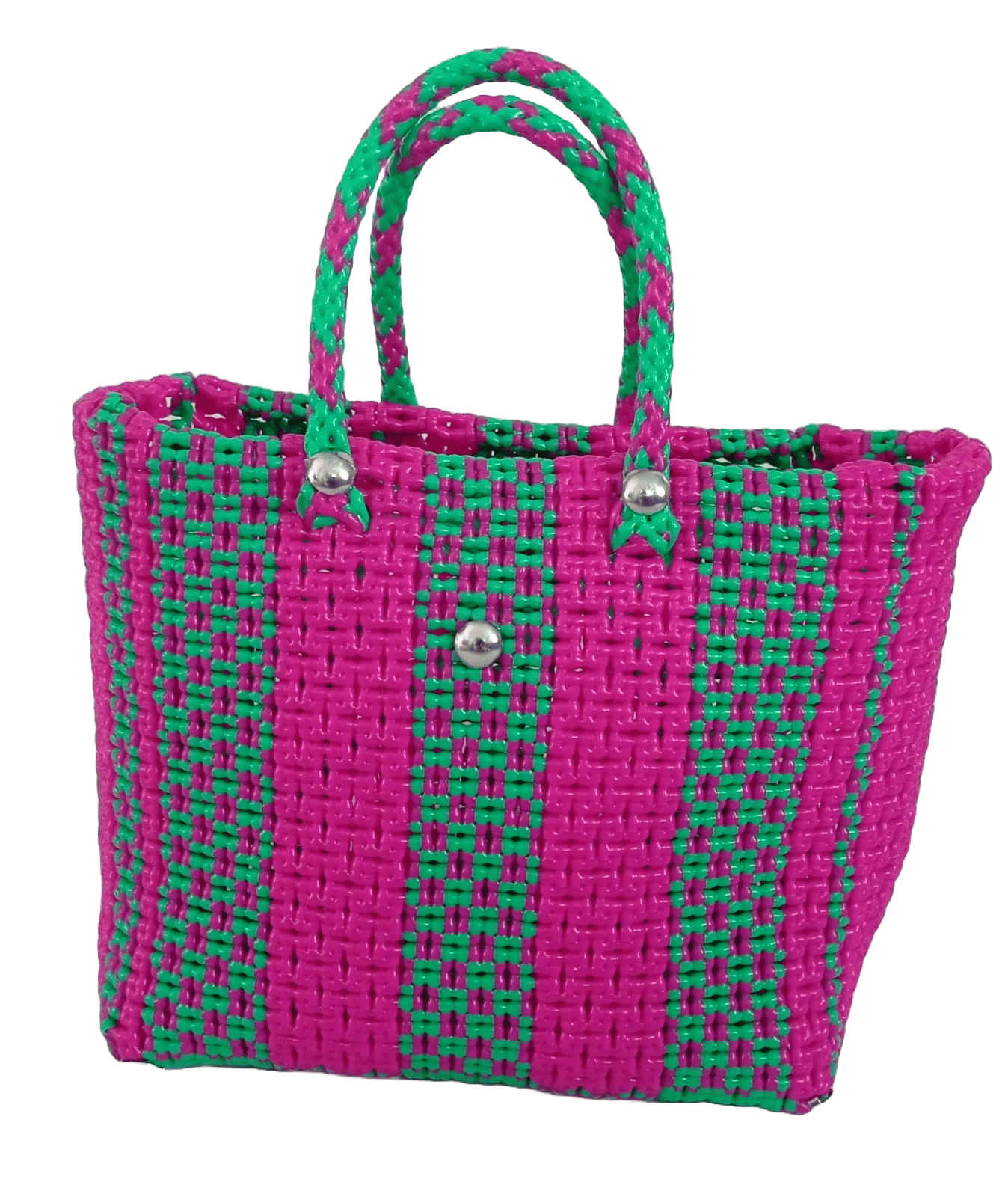 Small Handwoven Market Tote Bag with Green Handles