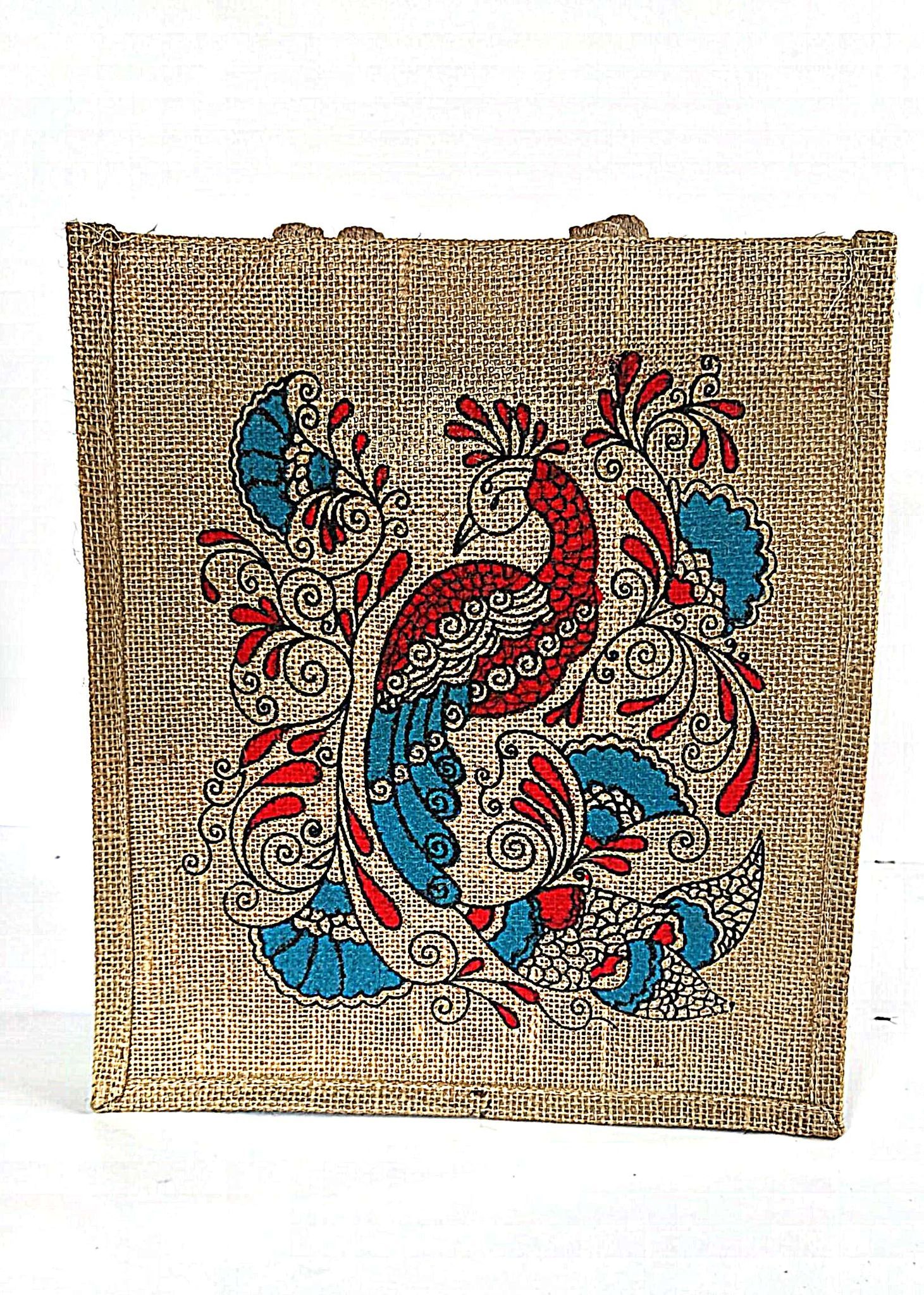 Peacock Print Jute Tote Bag
