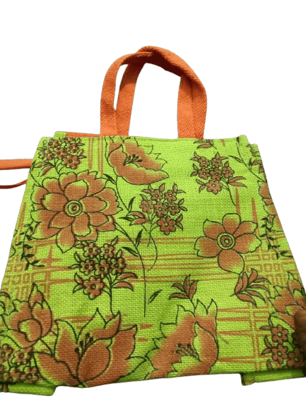 Small Floral Jute Bag with Orange Handles