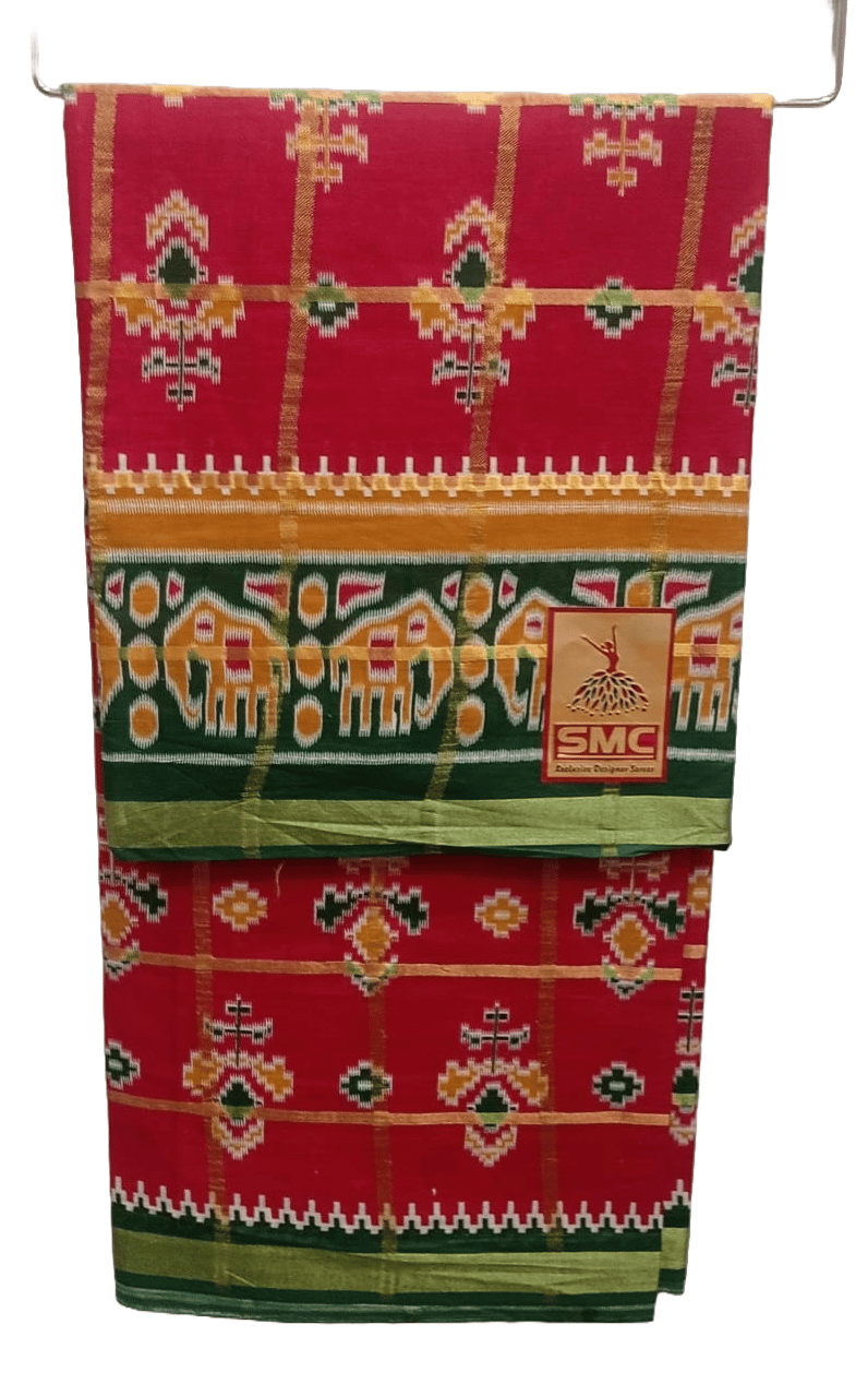 Red and Green Silk Saree with Blouse Piece
