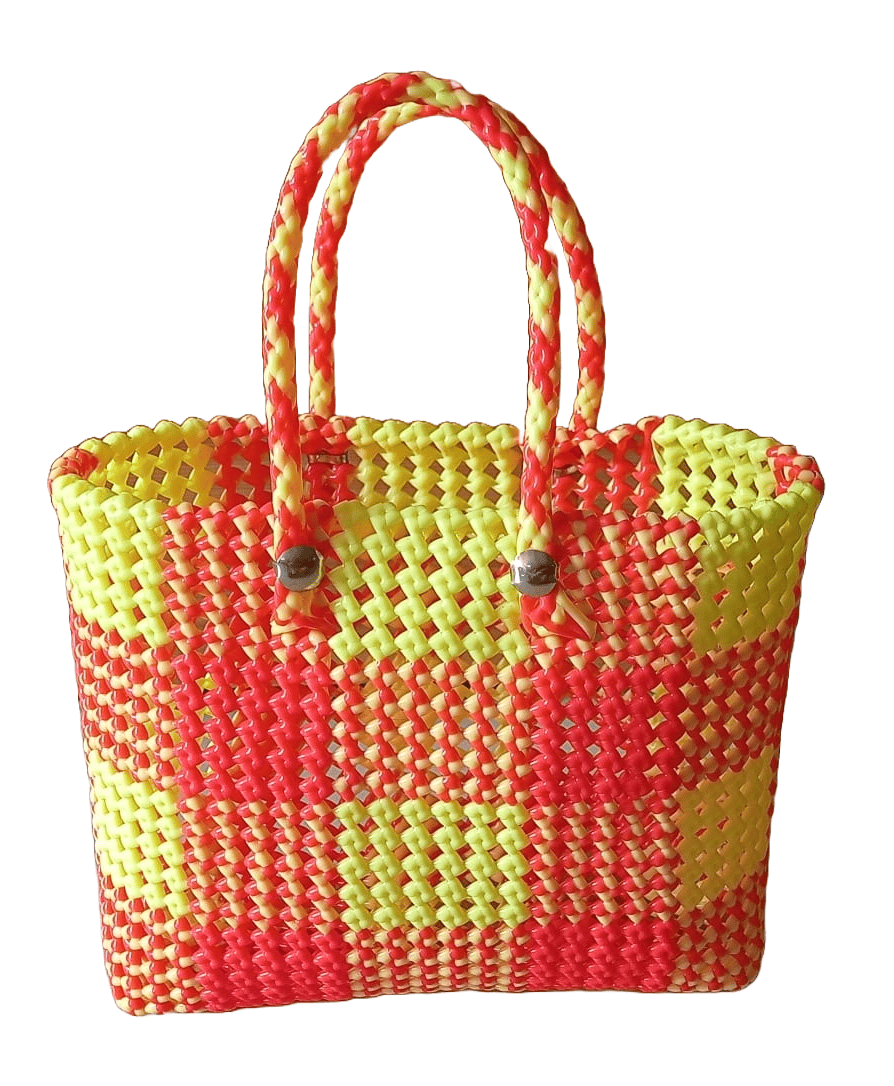 Small Handwoven Plastic Tote Bag with Red and Yellow Checkered Pattern