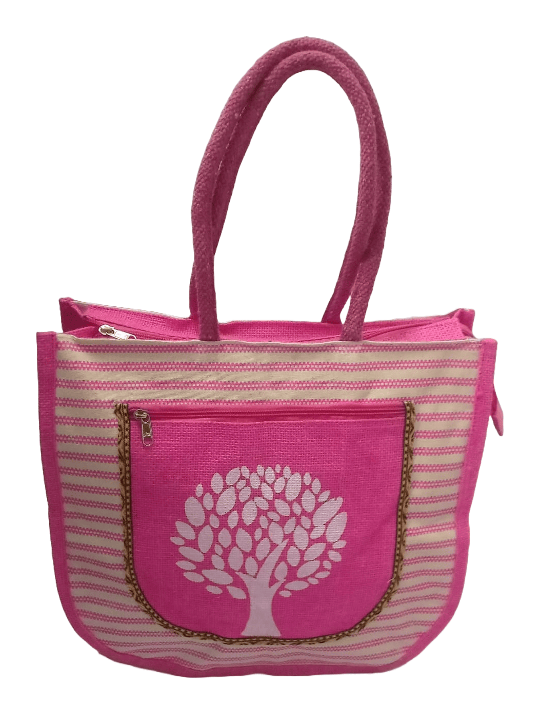 Pink and White Striped Jute Tote Bag with Tree Design