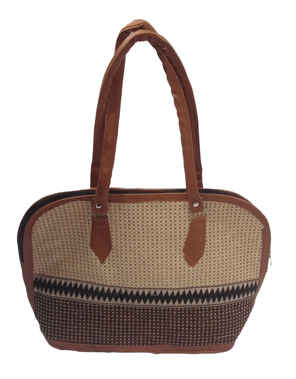 Handwoven Jute Tote Bag with Leather Handles and Geometric Print