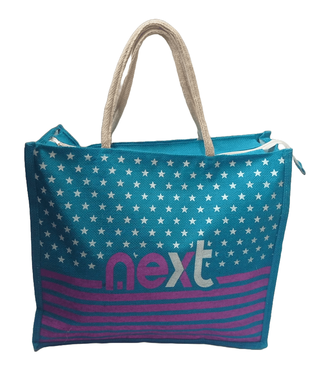 Blue and Pink Striped Jute Tote Bag with Stars