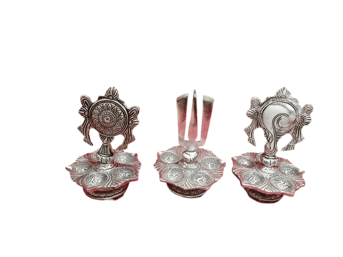 German Silver-plated Trident Trishul Damru Shankh Diya Set for Home Temple and Car Dashboard