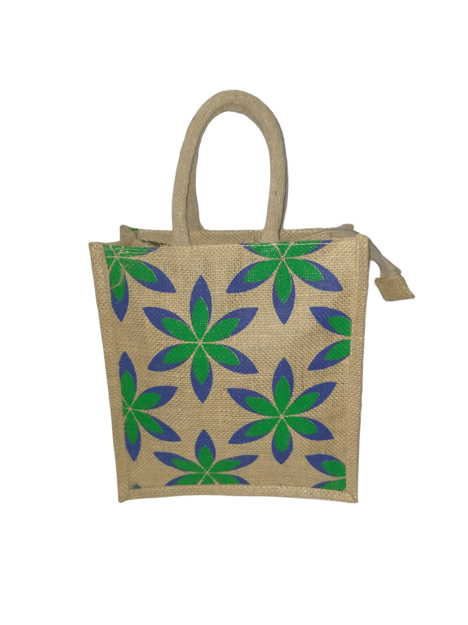 Jute Lunch Bag with Blue and Green Floral Print