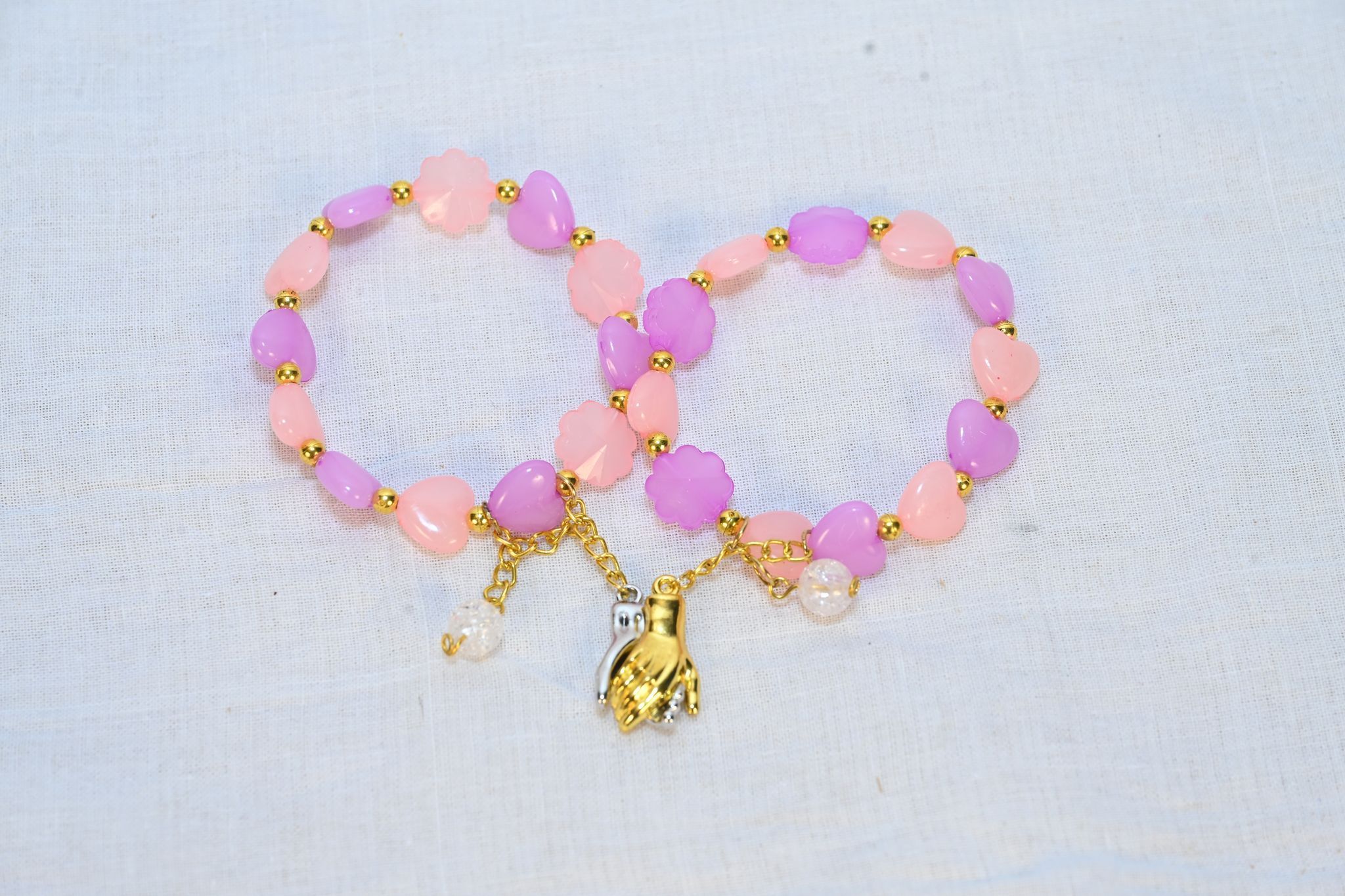 Beaded Charm Bracelet with Pink and Purple Heart Beads