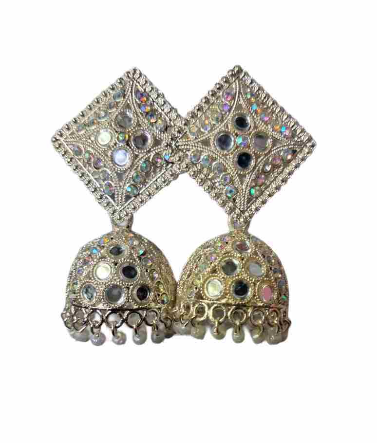 "Stunning Silver Mirror Jhumka Earrings with Pearl Drops"