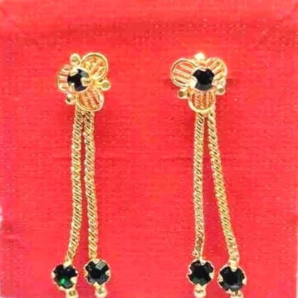 Plated Traditional Long Chain Drop Earrings with Green Stones for Women