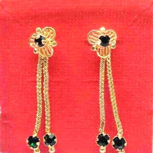 Plated Traditional Long Chain Drop Earrings with Green Stones for Women