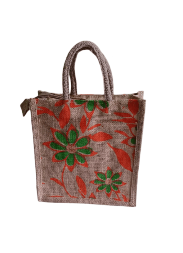 Small Printed Jute Bag with Zipper Closure