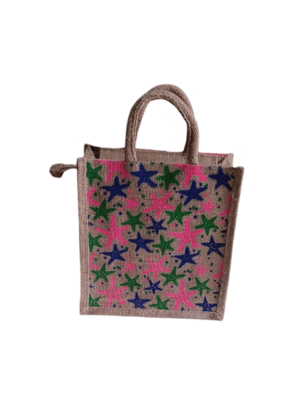 **Handmade Jute Bag with Colorful Starfish Design**