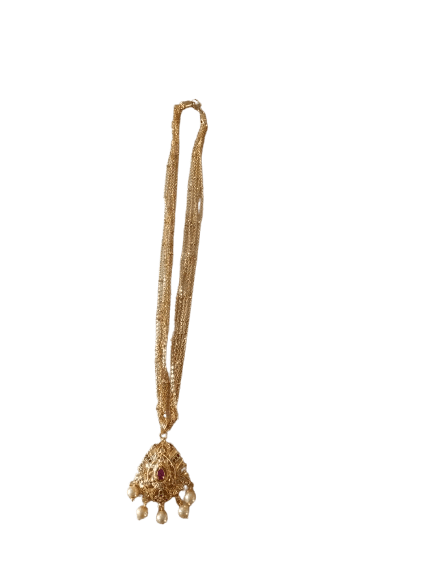 Delicate Gold Plated Long Necklace with Ruby and Pearl Pendant