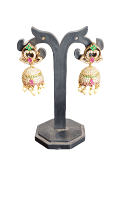 Gold Plated Kemp Stones Jhumka Earrings With Pearls