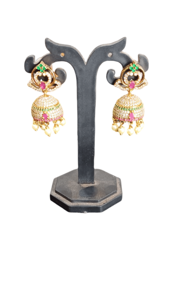 Gold Plated Kemp Stones Jhumka Earrings With Pearls