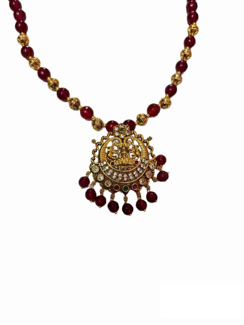 Gold Plated Traditional Indian Necklace Set with Red Beads and Stones