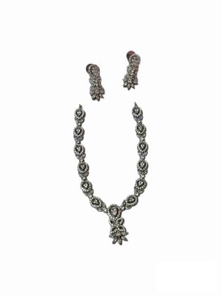 American Diamond Necklace Set with Earrings in Silver Finish