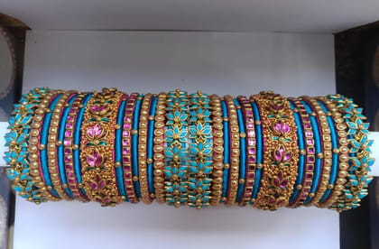 Designer Silk Thread Bangle Set with Kundan and Pearl Embellishment - Set of 16