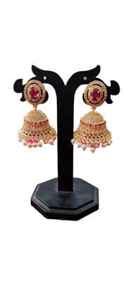 Stunning Gold Plated Kundan and Pearl Jhumka Earrings with Ruby Stones