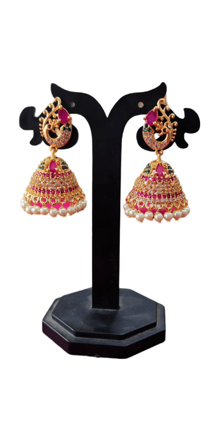 Stunning Pink Peacock Jhumka Earrings with Pearls and Kundan
