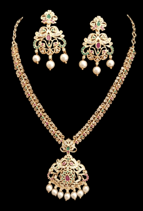 "Stunning Gold-Plated Kundan and Pearl Necklace Set with Peacock Earrings"