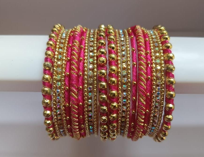 Set of 18 Traditional Indian Silk Thread Bangles with Rhinestone Accents