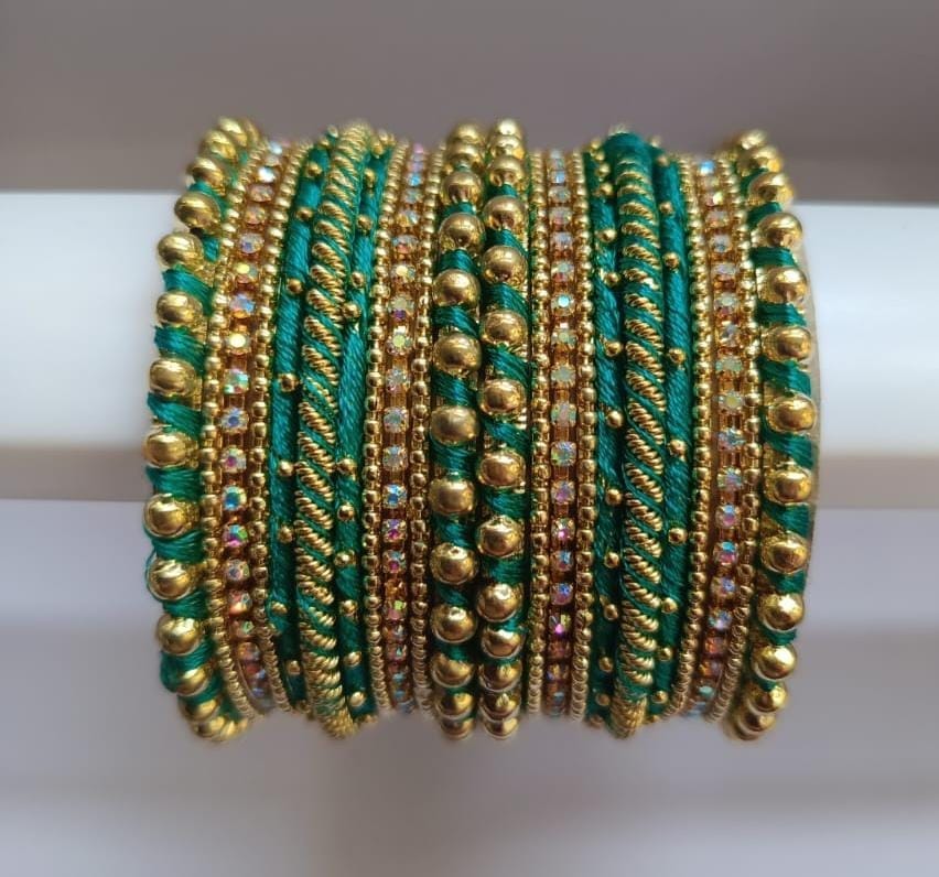 Green and Gold Silk Thread Bangle Set