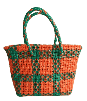 Small Handwoven Plastic Basket with Green Handles