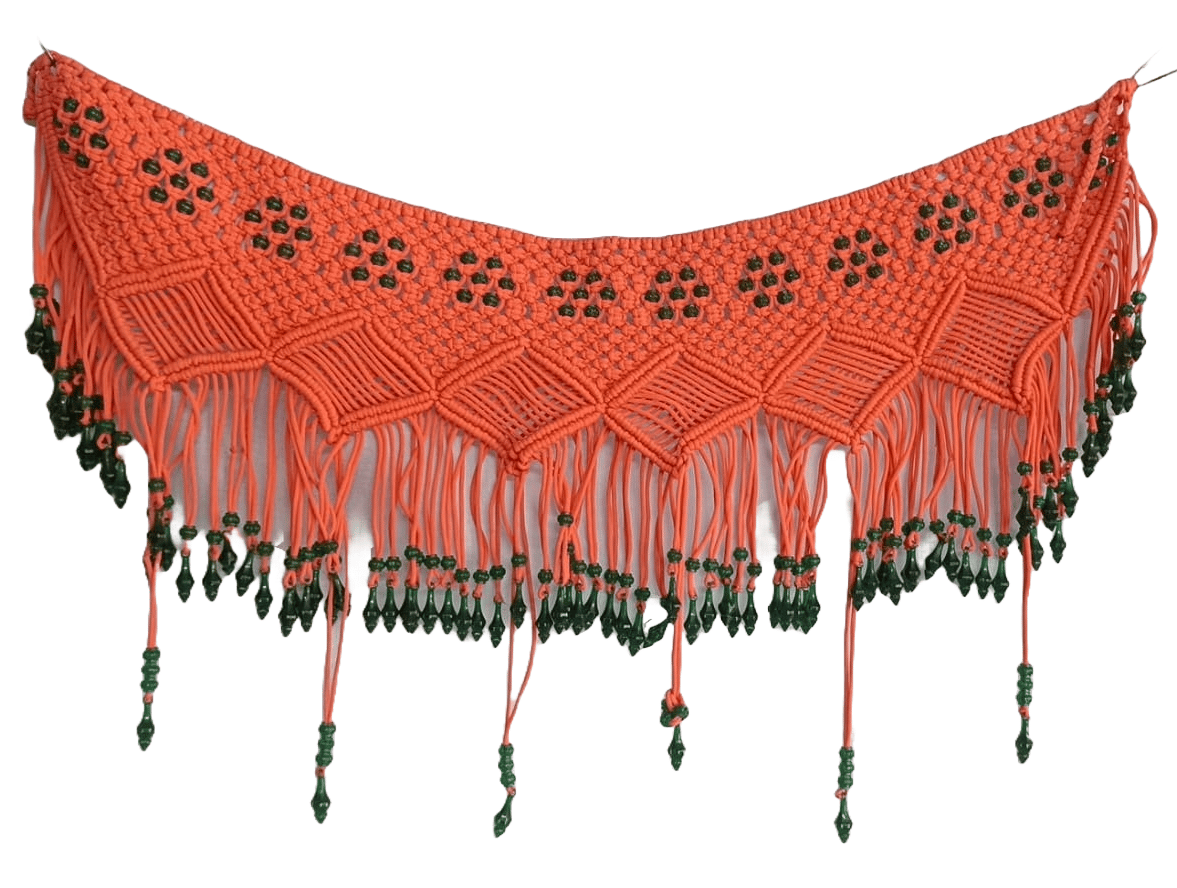 Handmade Orange Macrame Door Valance with Green Beads