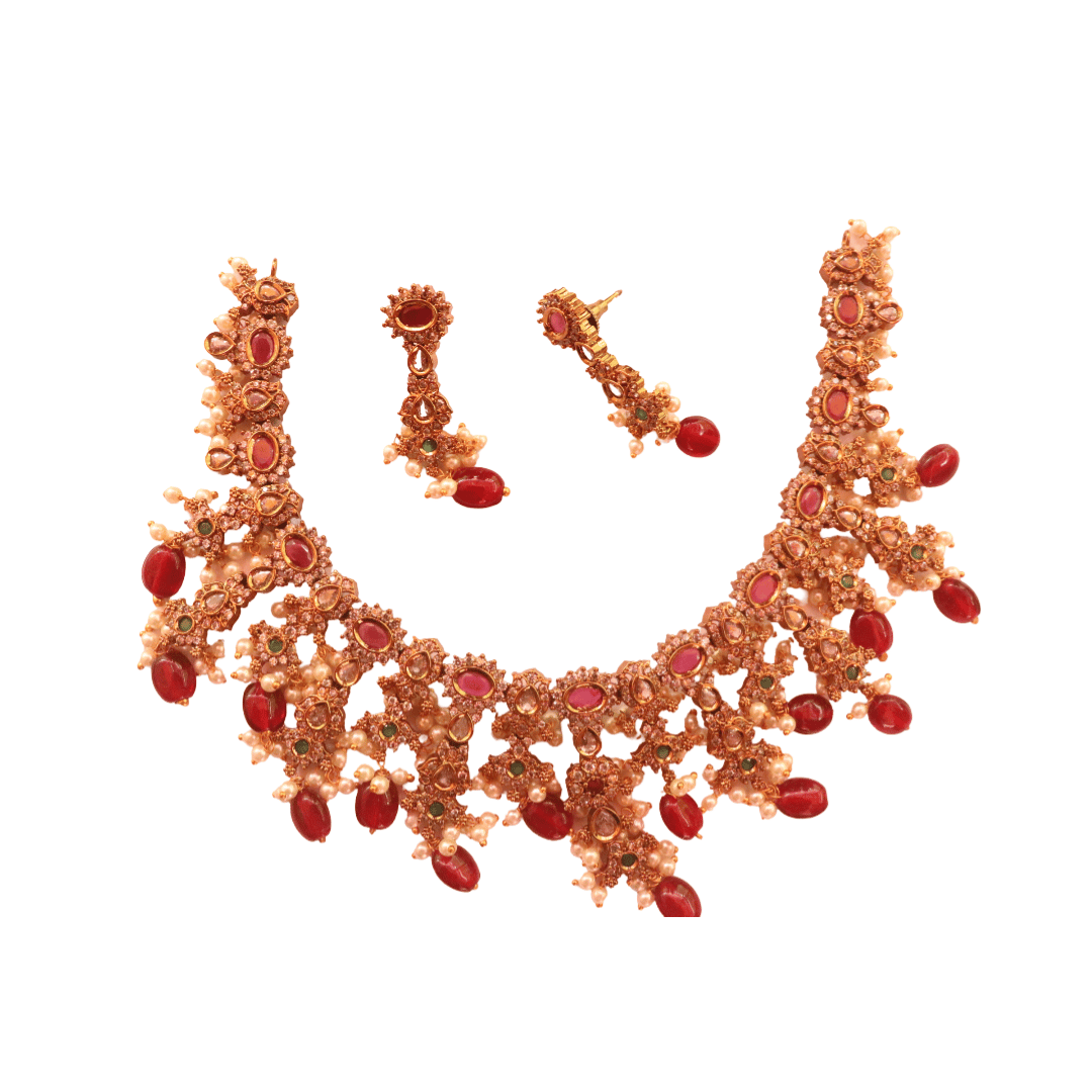 Indian Ethnic Gold Plated Kundan Meenakari Pearl Necklace Set With Earrings For Women