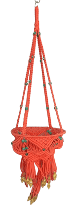 Handmade Orange Macrame Hanging Planter Basket with Beads