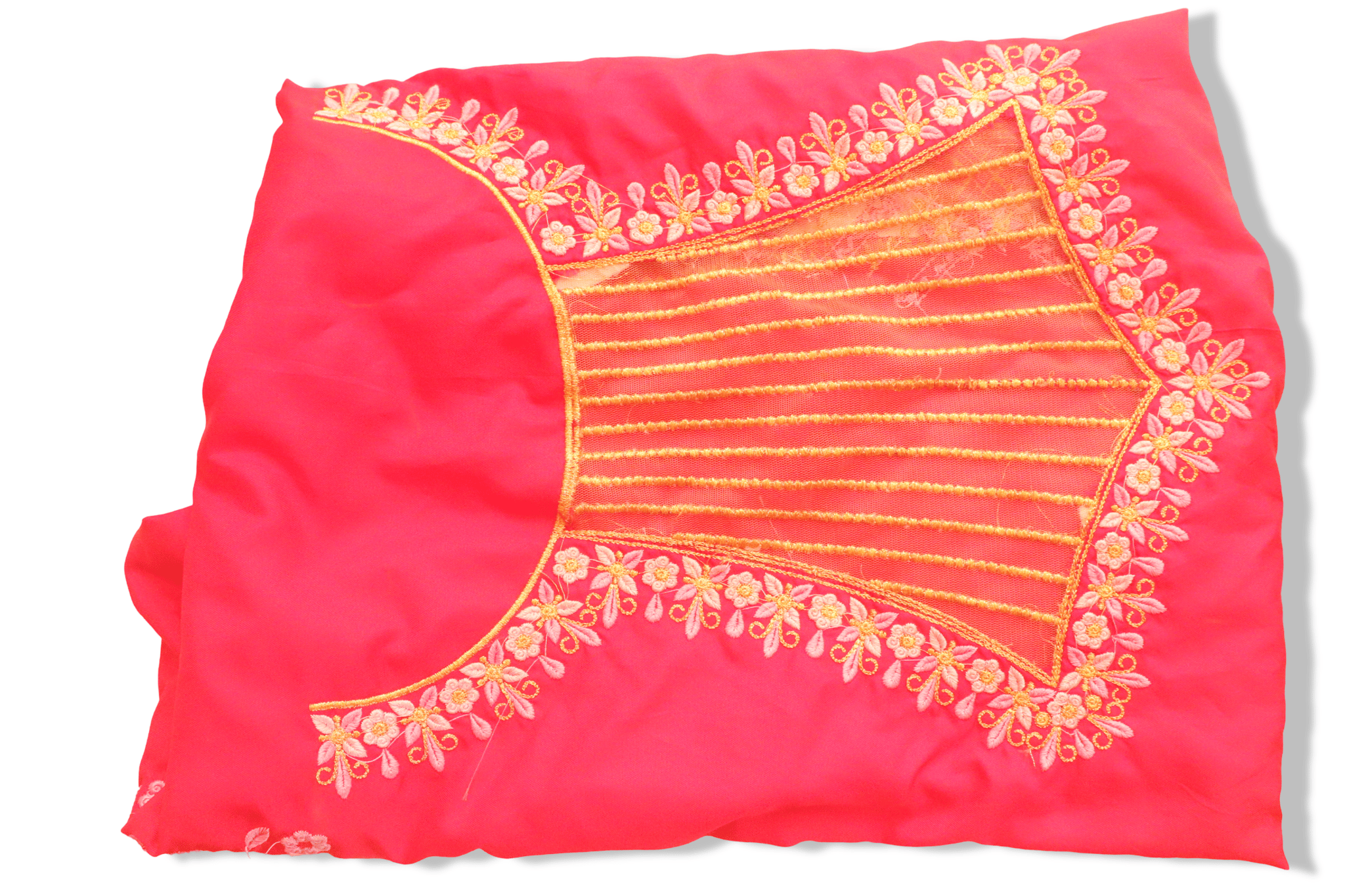 Red and gold embroidered blouse with floral motifs