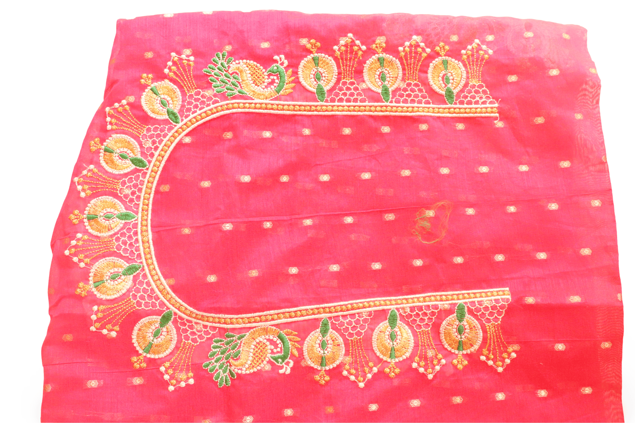 Hand Embroidered Pink Saree Blouse with Peacock and Floral Motifs