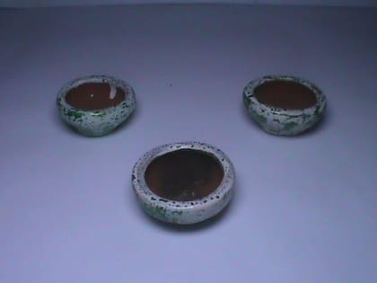 Set of 3 Small Round White and Brown Ceramic Pots