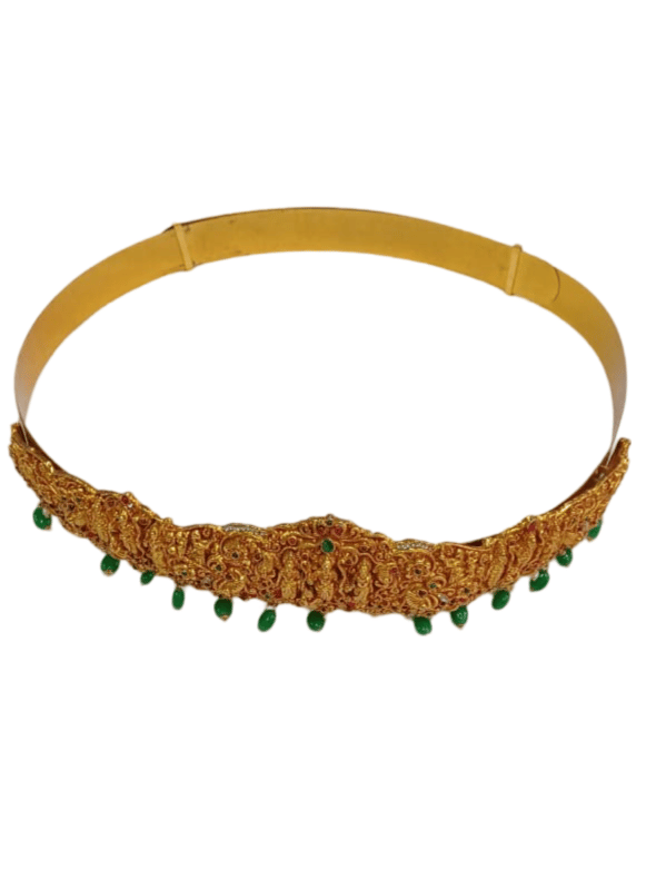 Gold Plated Traditional Indian Vaddanam Waist Belt With Green Beads