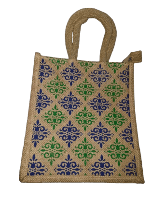 Handmade Jute Bag with Blue and Green Floral Print