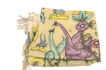 Hand-painted silk scarf with a beautiful peacock design.