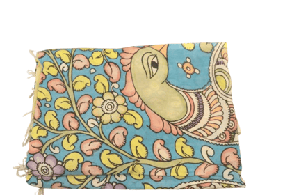 A beautiful hand-painted Madhubani cotton silk saree with intricate floral and peacock motifs.