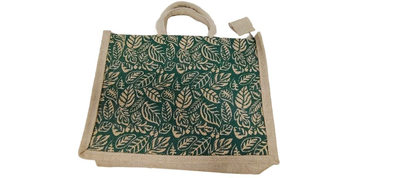 Jute tote bag with green leaf print
