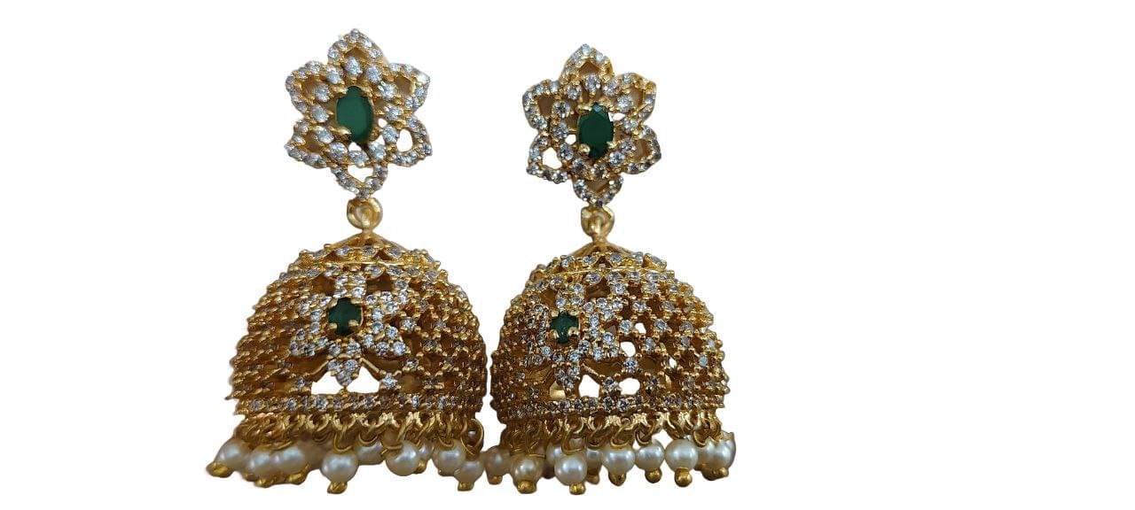 Gold Plated Kempu Stone Jhumka Earrings With Pearls