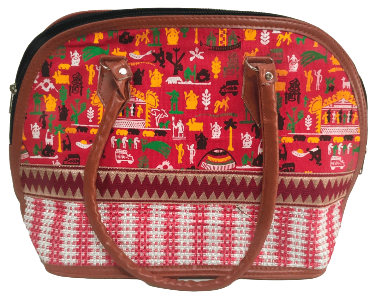 Red and White Handbag with Geometric Patterns